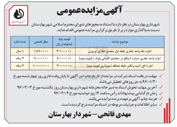 آگهی مزایده عمومی,مزایده اجاره یک واحد تجاری 96.01.23