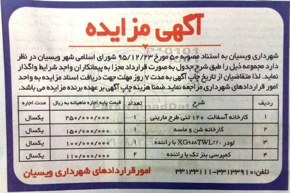 آگهی مزایده , مزایده کارخانه آسفالت 120 تنی طرح مارینی ....