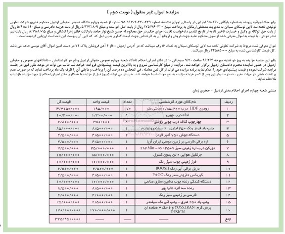 مزایده , مزایده اموال منقول تعداد 16 رقم تخته سه لایی توسکا نوبت دوم