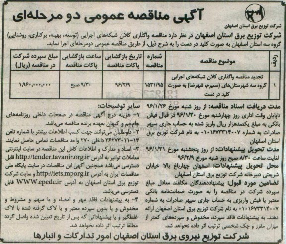 آگهی مناقصه عمومی, تجدید مناقصه واگذاری کلان شبکه های اجرایی گروه سه