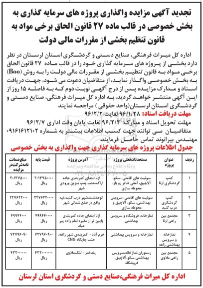 تجدید آگهی مزایده , تجدید آگهی مزایده وگذاری  کمپ گردشگری ازنا ...تجدید...