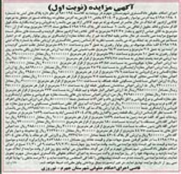 مزایده,مزایده پلاکهای ثبتی به شماره 4195/128-1 نوبت اول