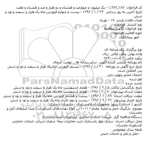 مناقصه بارگیری حمل و تخلیه مقدار ۲۰۰۰۰ تن انواع نهاده های کشاورزی از مبدا انبارهای آمل و چمستان
