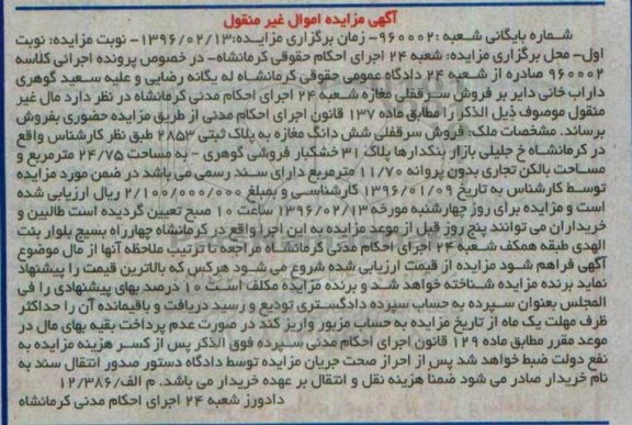 مزایده,مزایده سرقفلی ششدانگ مغازه 24.75متر
