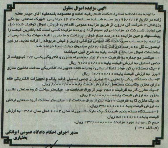 مزایده , مزایده میکسر دو جداره ، یک دستگاه پر کن مواد غلیظ آرایشی دو نازله و ...