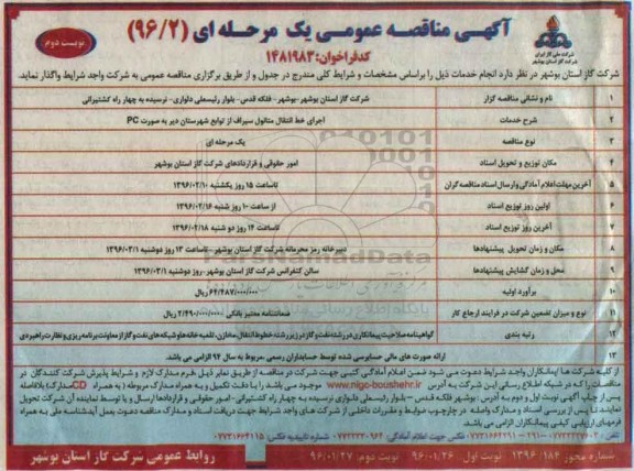 آگهی مناقصه عمومی یک مرحله ای , مناقصه اجرای خط انتقال متانول سیراف نوبت دوم 