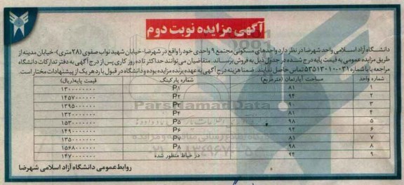 مزایده,مزایده فروش واحدهای مسکونی مجتمع 9 واحدی نوبت دوم 
