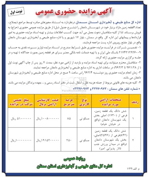مزایده,مزایده فروش تعداد دو قطعه زمین مازاد عرصه 85 و 250متر 