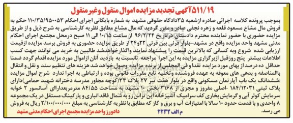 مزایده,مزایده ششدانگ اپارتمان مسکونی 84.55متر