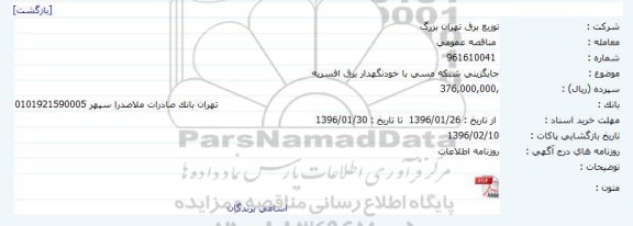 مناقصه عمومی , مناقصه عمومی جایگزینی شبکه مسی با خودنگهدار برق افسریه