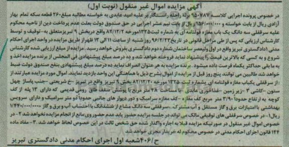 مزایده,مزایده سرقفلی سه دانگ یکباب مغازه قولنامه ای نوبت اول