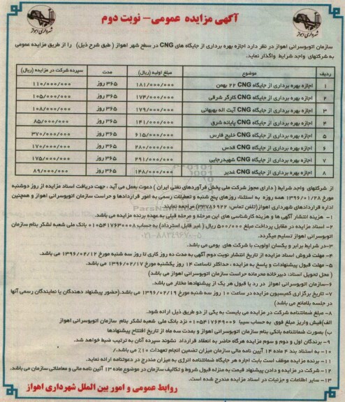 آگهی مزایده عمومی, مزایده اجازه بهره برداری از جایگاههای CNG - نوبت دوم 96.1.28