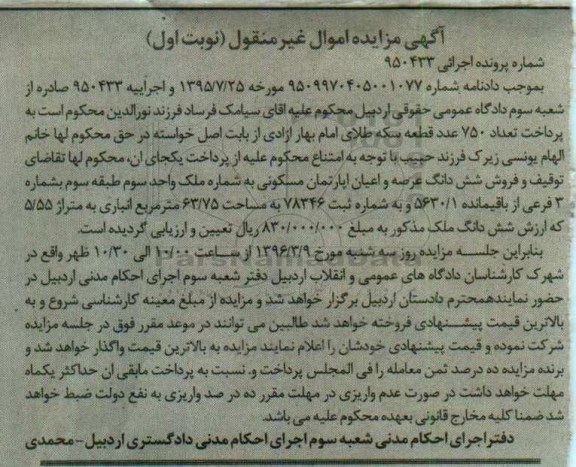 مزایده,مزایده اپارتمان مسکونی مساحت 63.75متر نوبت اول