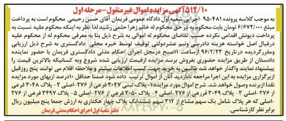 مزایده,مزایده 5 قطعه پلاک به کلاسه پرونده 950481 مرحله اول