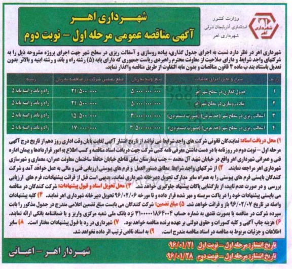 مناقصه جدولگذاری در سطح شهر اهر و ...مرحله اول نوبت دوم