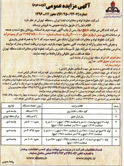 آگهی مزایده عمومی , مزایده عمومی کلید برق ، پنل ابزار دقیق و ... نوبت دوم