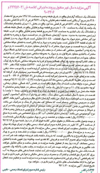 مزایده,مزایده ششدانگ اپارتمان مساحت 138.18متر