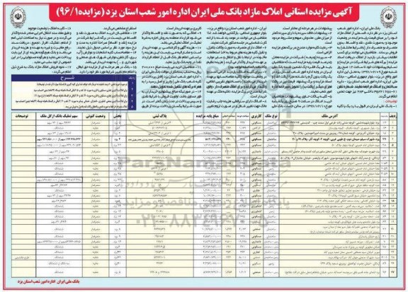 مزایده,مزایده استانی املاک مازاد بانک ملی ایران