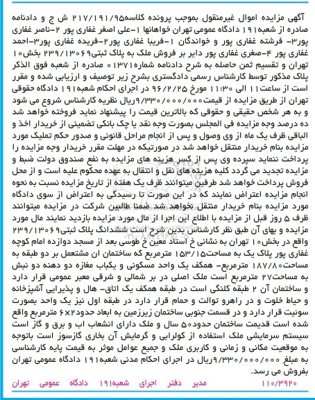 مزایده,مزایده ششدانگ پلاک ثبتی 153.15متر