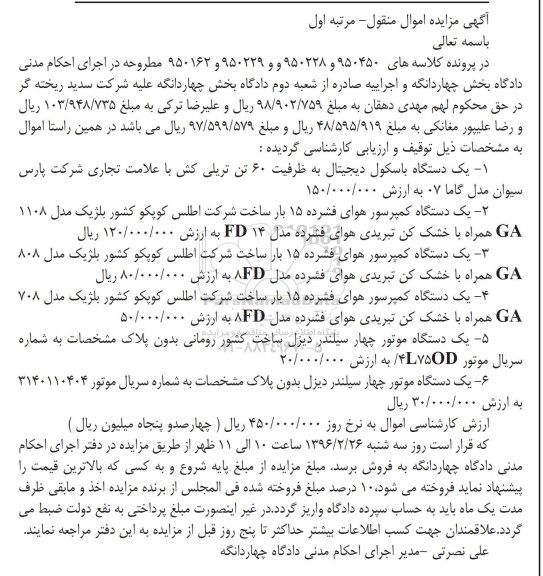 آگهی مزایده اموال منقول,مزایده یک دستگاه باسکول دیجیتال