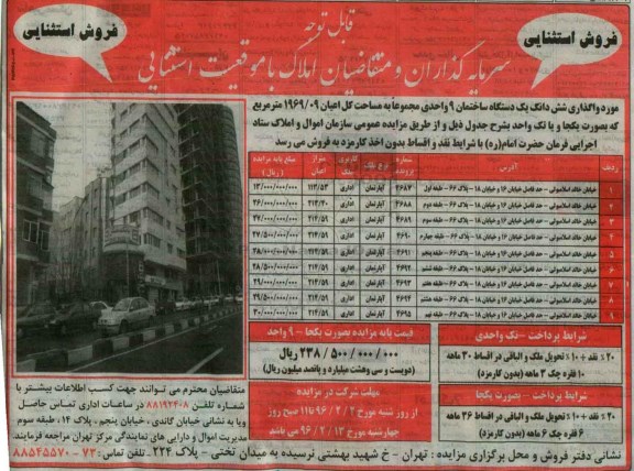 مزایده,مزایده واگذاری ششدانگ یک دستگاه ساختمان نه واحدی