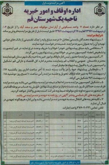 مزایده,مزایده فروش تعداد 7 واحد مسکونی