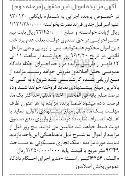 مزایده,مزایده ملک تجاری مسکونی 93.49مترمربع