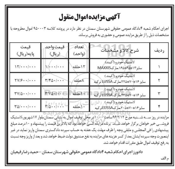 مزایده , مزایده فروش لاستیک خودرو ...