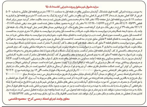 مزایده,مزایده ششدانگ اپارتمان مسکونی مساحت 192.11متر