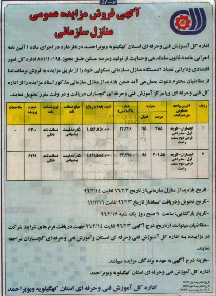مزایده,مزایده فروش منازل سازمانی عرصه 285 و 309.55متر 