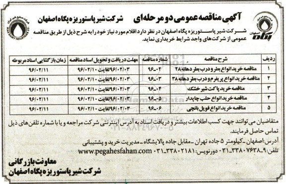 آگهی مناقصه عمومی , مناقصه خرید انواه بزر و درب بطر دهانه 28 ....