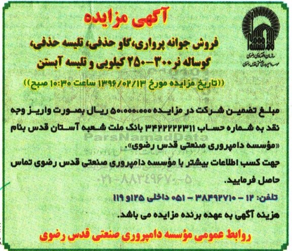آگهی مزایده, مزایده فروش جوانه پرواری، گاو حذفی، تلیسه حذفی و ...