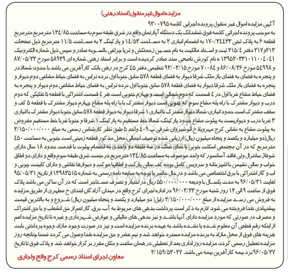 مزایده,مزایده ششدانگ اپارتمان مساحت 124.85متر