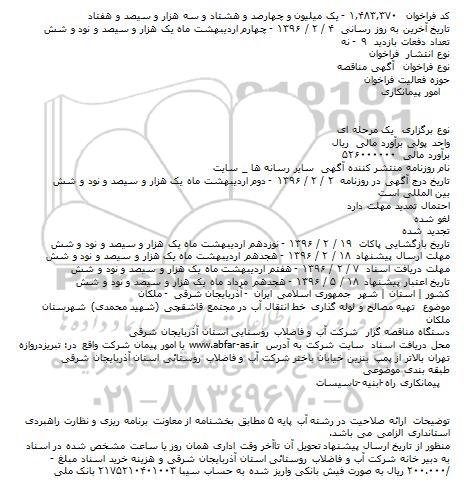 مناقصه تهیه مصالح و لوله گذاری خط انتقال