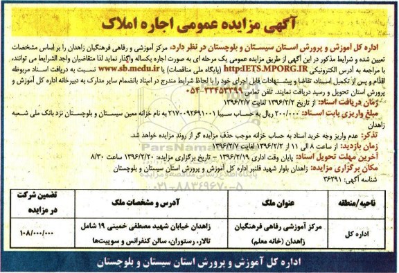 آگهی مزایده عمومی, مزایده اجاره املاک
