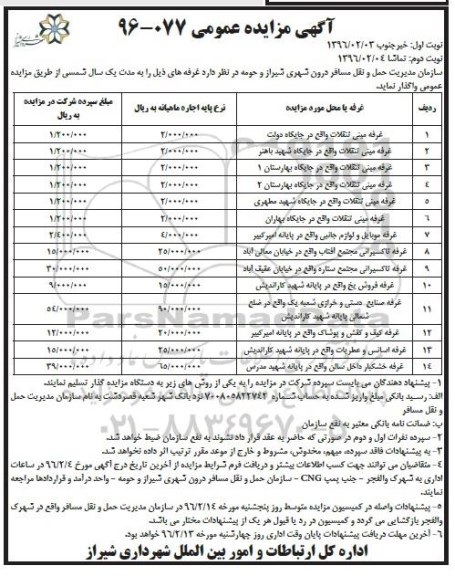 گهی مزایده عمومی, مزایده واگذاری غرفه مینی تنقلات و ...نوبت دوم