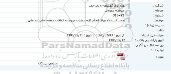 تجدید استعلام, تجدید استعلام بهای انجام کلیه عملیات مربوط به اتفاقات منطقه امام زاده علی 