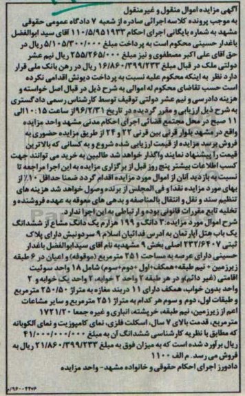 مزایده,مزایده 3 دانگ و 199 هزارم یک دانگ مشاع از هتل اپارتمان