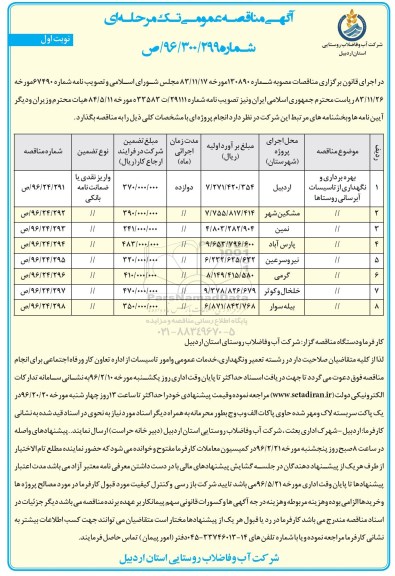 آگهی مناقصه عمومی, مناقصه بهره برداری و نگهداری از تاسیسات آبرسانی روستاها
