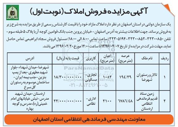 مزایده,مزایده فروش املاک عرصه 194.29 و 6786.48متر