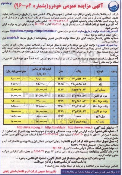 مزایده, مزایده عمومی تعدادی از خودروهای پلاک شخصی نوبت دوم