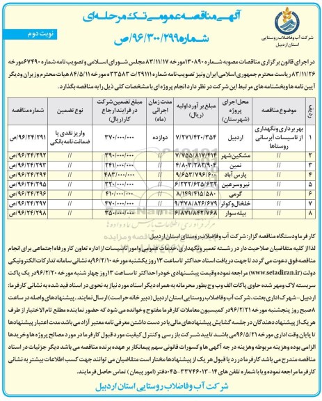 آگهی مناقصه عمومی, مناقصه بهره برداری و نگهداری از تاسیسات آبرسانی روستاها- نوبت دوم 