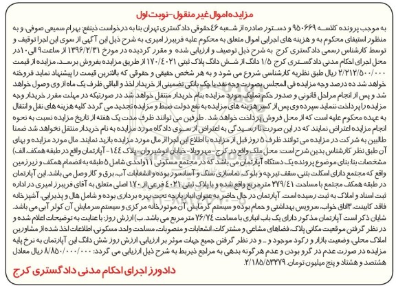 مزایده,مزایده 1.5 دانگ از پلاک ثبتی 170/4021 نوبت اول