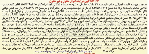 مزایده,مزایده 5 دانگ و 215.2 هزارم دانگ مشاع از اپارتمان