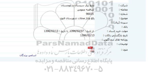 مناقصه عمومی , مناقصه رفع ولتاژ محلات شهرستان فنوج