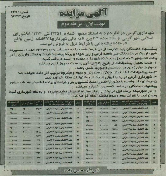 مزایده,مزایده فروش 27 قطعه زمین نوبت دوم
