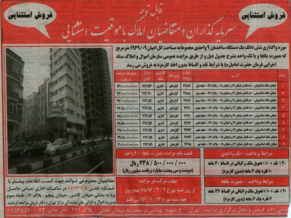 مزایده,مزایده واگذاری ششدانگ یک دستگاه ساختمان نه واحدی 96.2.10