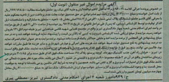 مزایده,مزایده ششدانگ پلاک ثبتی مساحت 301.85متر