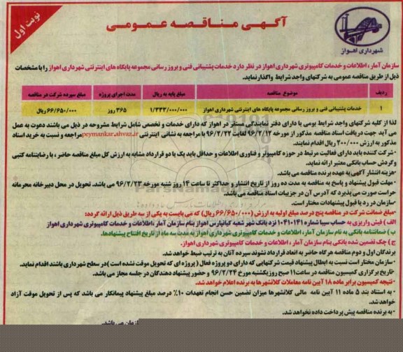 آگهی مناقصه عمومی, مناقصه خدمات پشتیبانی فنی و بروز رسانی مجموعه پایگاه های اینترنتی