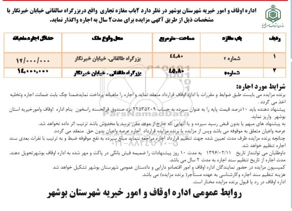مزایده , مزایده واگذاری 2 باب مغازه تجاری